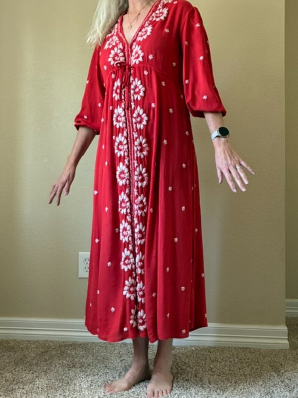 Free People Beautiful Red Dress with white embroidered flowers, Size XS
